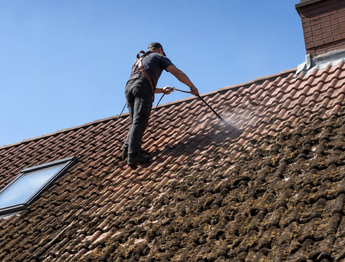 Démoussage de toiture en cours sur une maison près de Toulouse