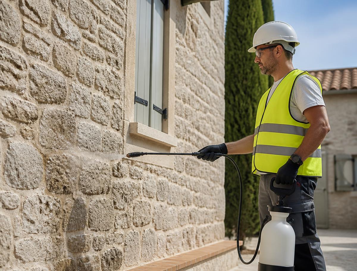 Application d'un hydrofuge sur une façade en pierre