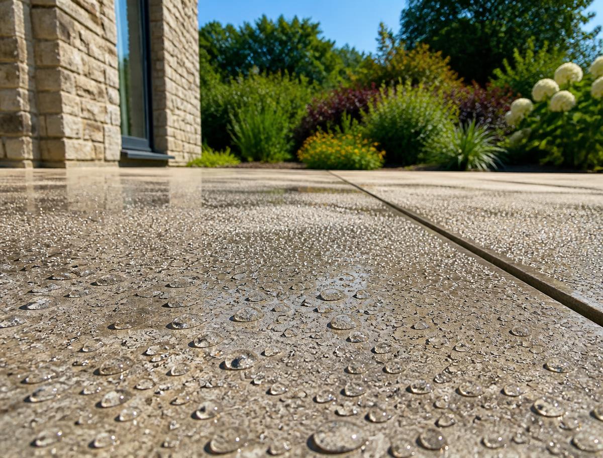 Terrasse traitée avec un hydrofuge oléofuge, gouttes d'eau perlantes